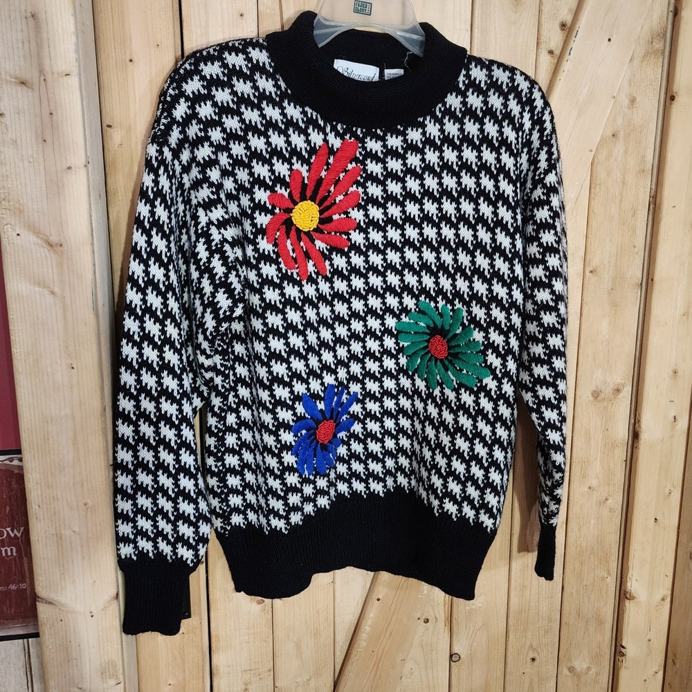 Silvercord Vintage Floral Embroidered Houndstooth Sweater Black White Wool Blend